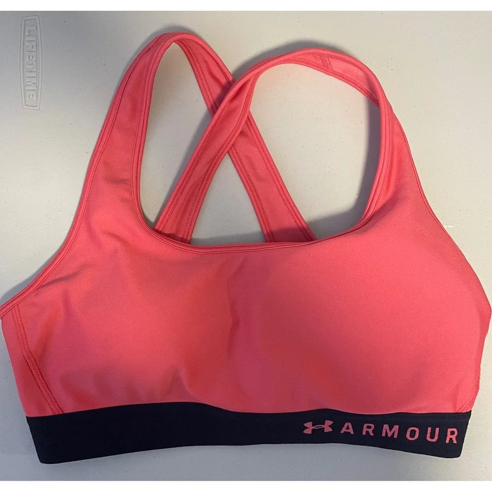 Under Armour HeatGear Mid Keyhole Sports Bra Coral Pink LG